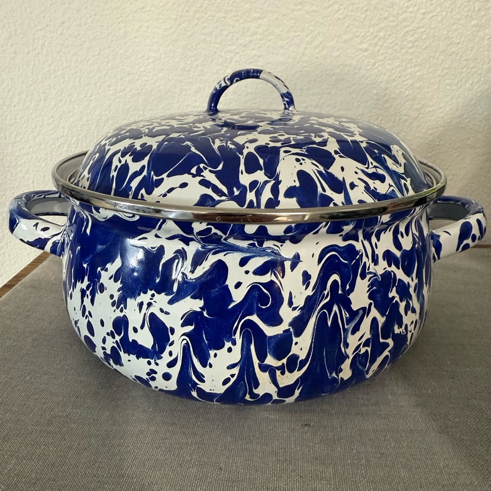 Pottery Barn Blue and White Enamelware Pot with Lid